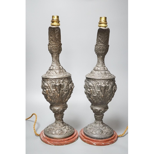 290 - A pair of early 20th century spelter ewers mounted as lamps 42cm