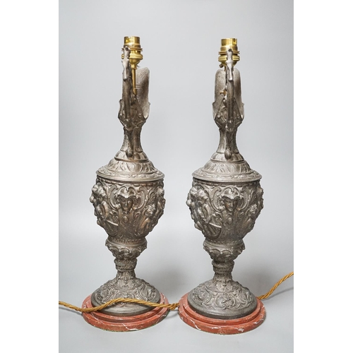 290 - A pair of early 20th century spelter ewers mounted as lamps 42cm