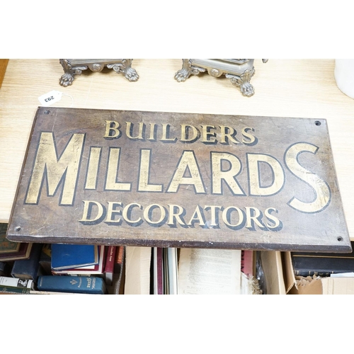 293 - A painted wood advertising sign MILLARDS BUILDERS DECORATORS, pre war 33x67cm