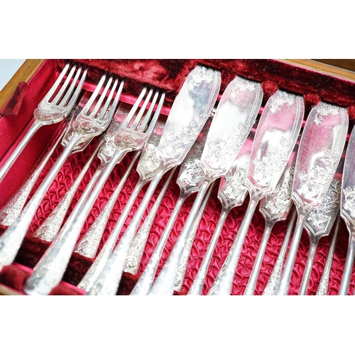 296 - A cased set of plated engraved fish cutlery