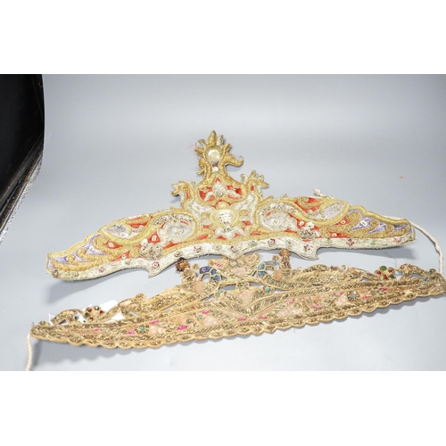 299 - Highly ornate indian silver and gold thread headresses