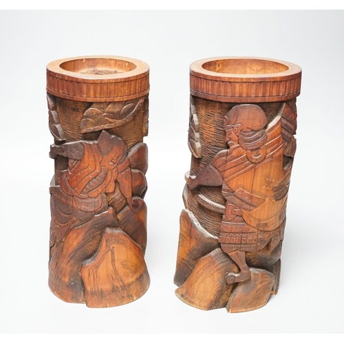 302 - A pair of Japanese carved bamboo brushpots 27cm