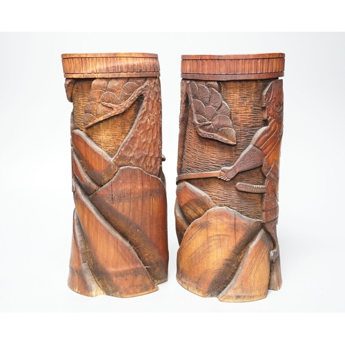 302 - A pair of Japanese carved bamboo brushpots 27cm