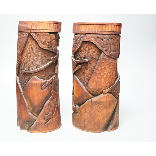 302 - A pair of Japanese carved bamboo brushpots 27cm