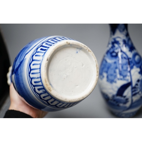 303 - Two provincial Chinese blue and white jars and a pair of Japanese vases 32cm