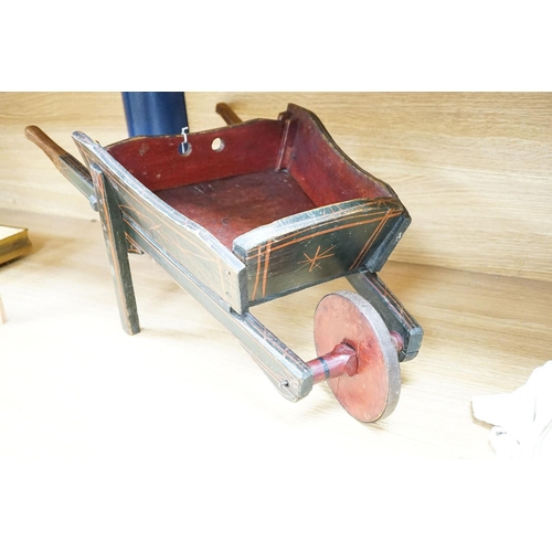 309 - Miniature painted wood wheel barrel, 74cm long