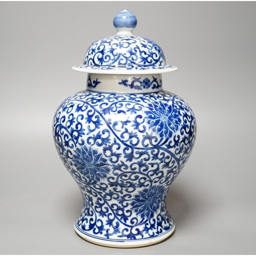 310 - A Chinese blue and white baluster jar and cover 31cm