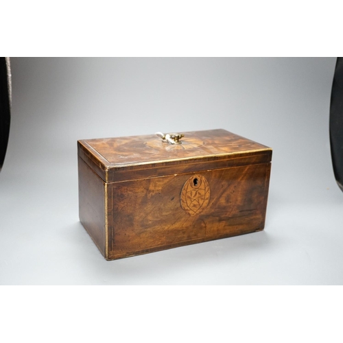 311 - A George III inlaid mahogany tea caddy, lacking interior, 28cm