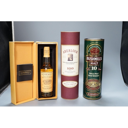 315 - 1 litre of 100 proof Abelour Scotch whisky, 1 litre of 10 year Bushmills Irish whiskey and a 35cl 10... 