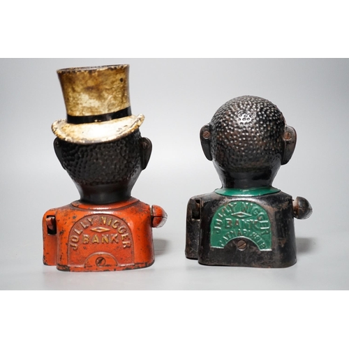 332 - Two 19th century American painted cast iron money banks, tallest 21 cm