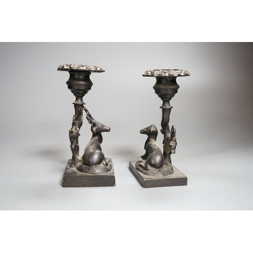 358 - A pair of 19th century bronze stag and doe dwarf candlesticks 14cm