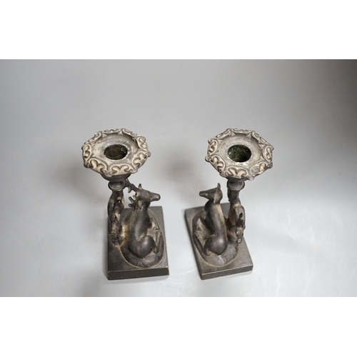 358 - A pair of 19th century bronze stag and doe dwarf candlesticks 14cm