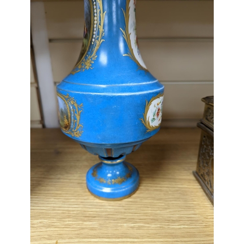 361 - A pair of Sevres style porcelain bleu celeste ground vases and covers, 34cm