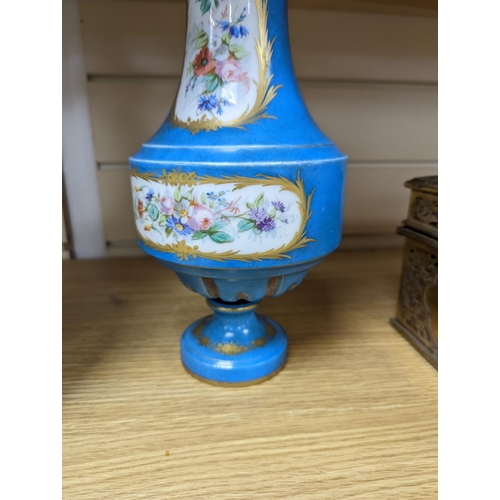 361 - A pair of Sevres style porcelain bleu celeste ground vases and covers, 34cm