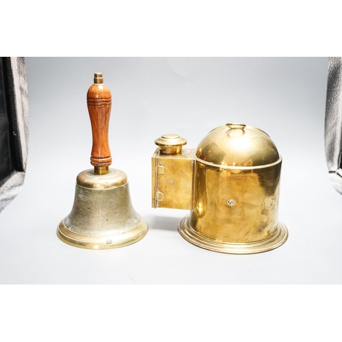 362 - A brass ships binnacle compass and a handbell