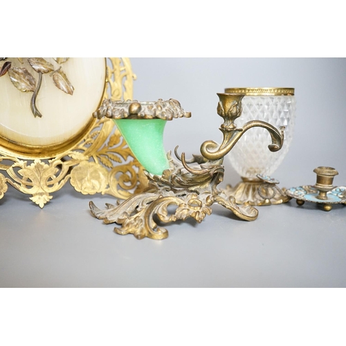 399 - An ormolu and hardstone mounted easel double photo frame, a glass and brass chamberstick, a Venice e... 