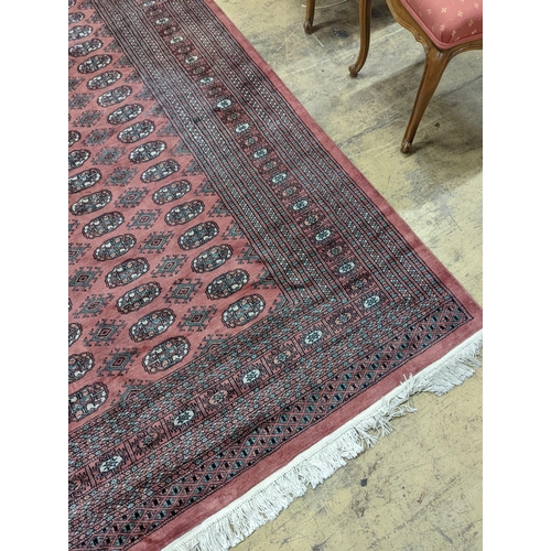 40 - A pink ground Bokhara carpet, 315 x 220cm