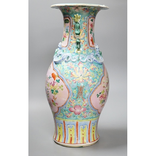 403 - A 19th century Chinese Cantonese two-handled famille rose vase, 44cmpanels of exotic birds and flowe... 