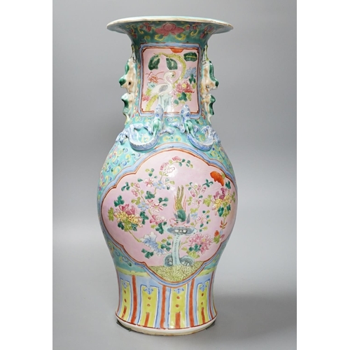 403 - A 19th century Chinese Cantonese two-handled famille rose vase, 44cmpanels of exotic birds and flowe... 