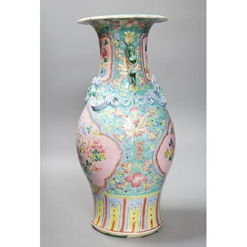 403 - A 19th century Chinese Cantonese two-handled famille rose vase, 44cmpanels of exotic birds and flowe... 