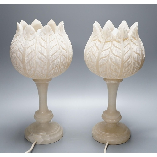 417 - Pair of carved alabaster tulip lamps 38cm