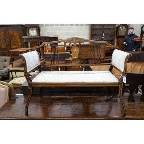 42 - An Edwardian marquetry inlaid mahogany window seat, length 107cm, depth 44cm, height 79cm... 