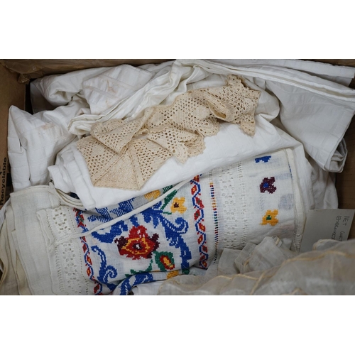 431 - A box of mixed linen and 1950's hand embroidered cream curtain