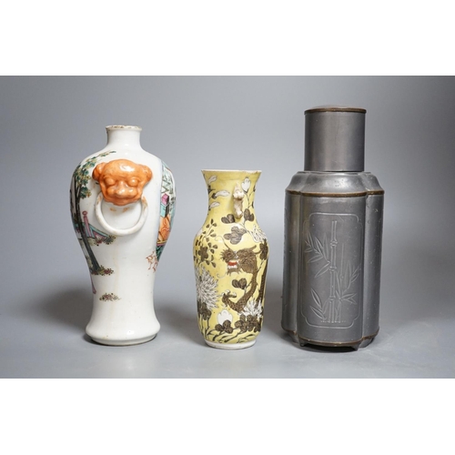 435 - Two 19th century Chinese vases and a 20th century Chinese pewter caddy 22cm