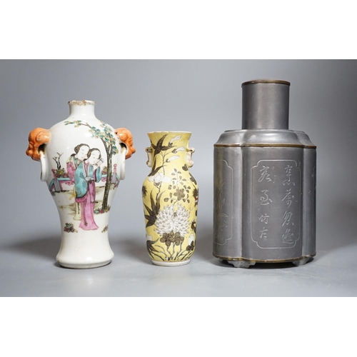 435 - Two 19th century Chinese vases and a 20th century Chinese pewter caddy 22cm