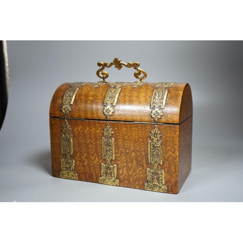 439 - A Victorian Hungarian ash stationery box by Mechi, 114 Regent Street London, domed top with decorati... 