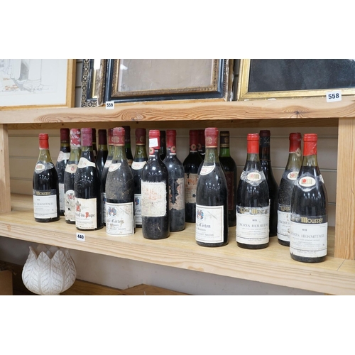 440 - 22 bottles of red wine including 2 bottles of Chateauneuf du Pape 1976, 4 bottles of Crozes Hermitag... 