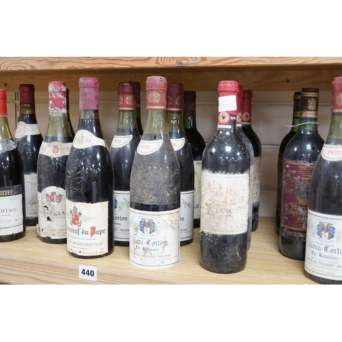 440 - 22 bottles of red wine including 2 bottles of Chateauneuf du Pape 1976, 4 bottles of Crozes Hermitag... 