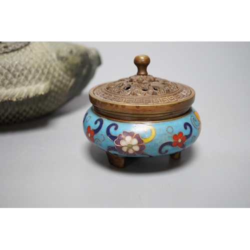 441 - A Chinese cloisonne enamel censer and cover and a bronze fish censer 23cm