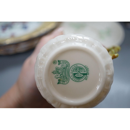 444 - A pair of Belleek "Shamrock" pattern tea cups and saucers, Royal Copenhagen group of a gir... 