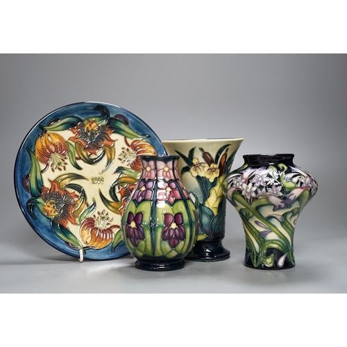 445 - Three modern Moorcroft vases, tallest 15.5 cm and a plate 22 cm