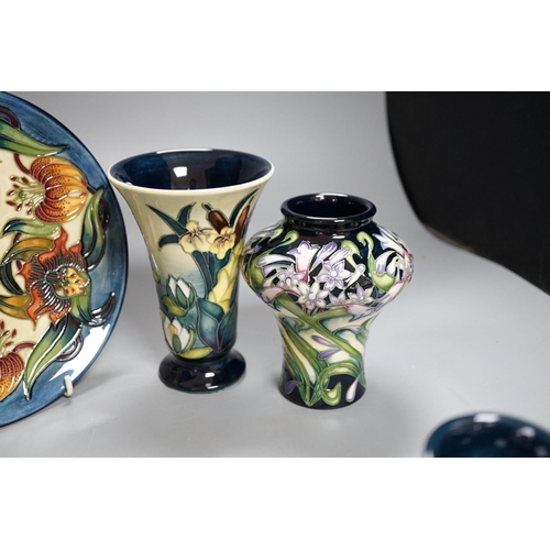 445 - Three modern Moorcroft vases, tallest 15.5 cm and a plate 22 cm