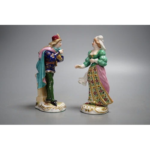 447 - A pair of 19th century Samson Derby style porcelain figures and Romeo & Juliet, H15