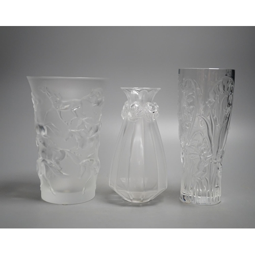 448 - Three modern Lalique frosted glass vases - Oeillets (Carnations), Mustang and Elves pattern, tallest... 