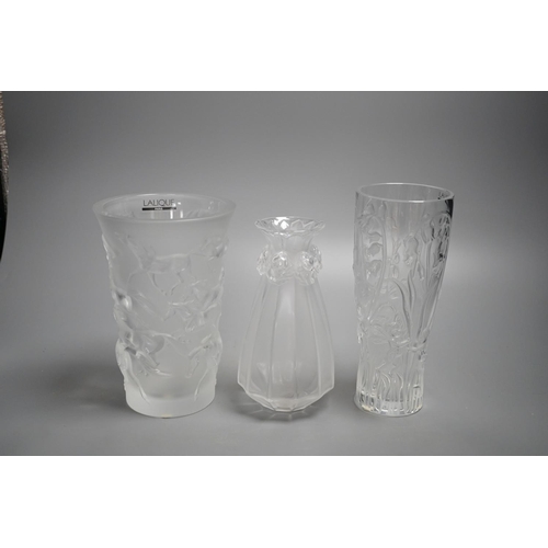 448 - Three modern Lalique frosted glass vases - Oeillets (Carnations), Mustang and Elves pattern, tallest... 