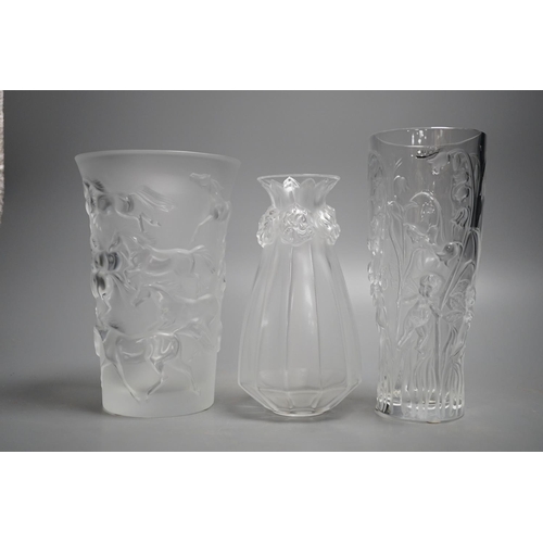 448 - Three modern Lalique frosted glass vases - Oeillets (Carnations), Mustang and Elves pattern, tallest... 