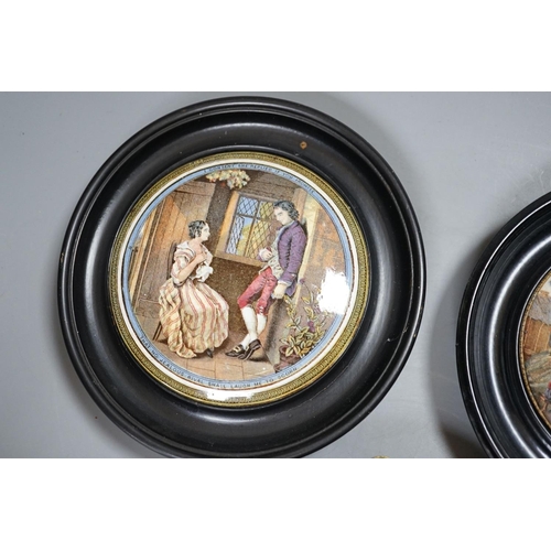 449 - Seven Prattware pot lids, mounted in ebonised wood frames, an F & R Pratt plate and two pot lids wit... 