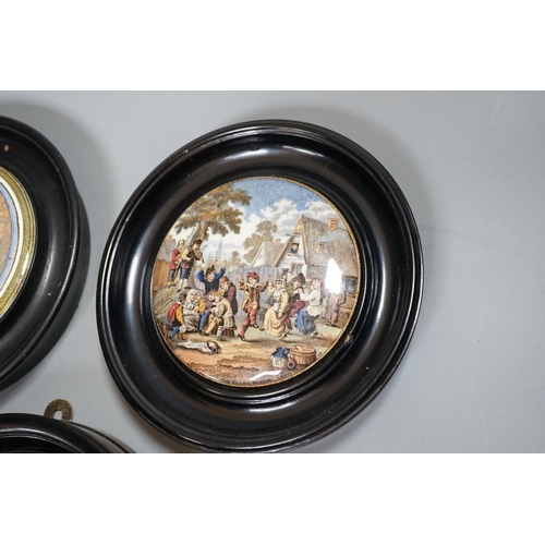 449 - Seven Prattware pot lids, mounted in ebonised wood frames, an F & R Pratt plate and two pot lids wit... 