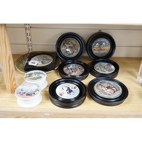 449 - Seven Prattware pot lids, mounted in ebonised wood frames, an F & R Pratt plate and two pot lids wit... 