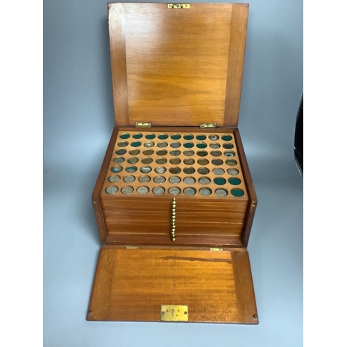 457 - A coin and medal collection in a Victorian mahogany 12 coin tray collector's case, 30 x 26 x 17cminc... 