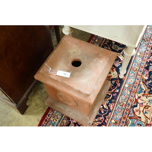 51 - A square terracotta garden plinth, width 35cm, height 46cm