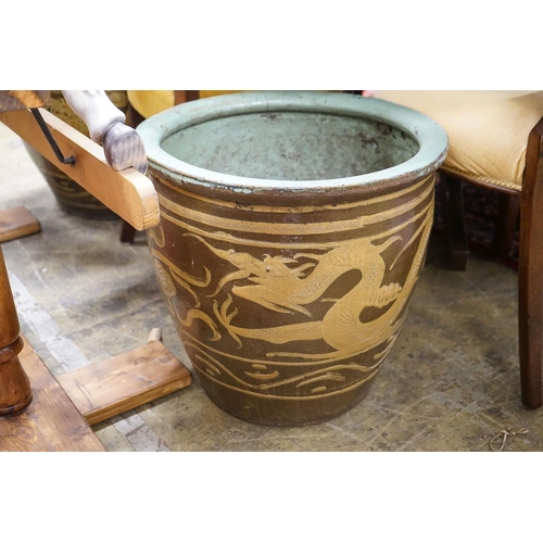 73 - A pair of Chinese style circular glazed earthenware planters, diameter 50cm, height 47cm... 