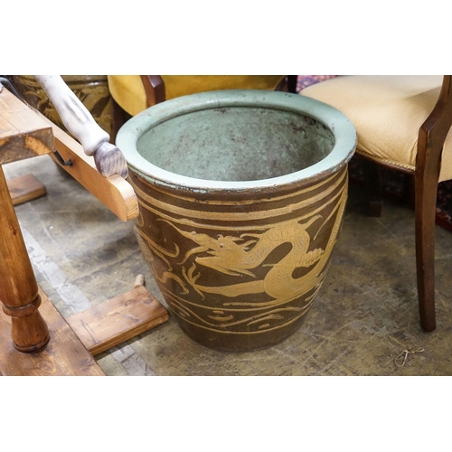 73 - A pair of Chinese style circular glazed earthenware planters, diameter 50cm, height 47cm... 