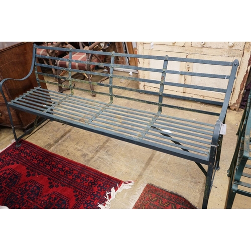 76 - A green painted wrought iron garden bench, length 186cm, depth 46cm, height 92cm together with two G... 