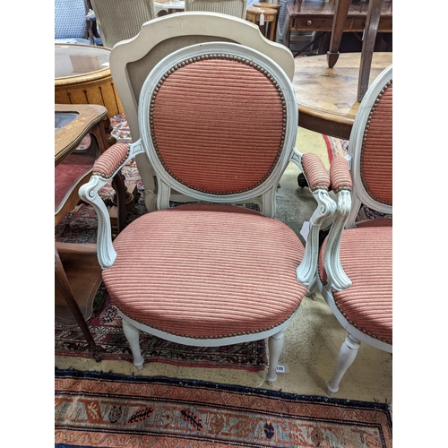 79 - A pair of early 20th century French painted upholstered armchairs, width 59cm, depth 48cm, height 89... 