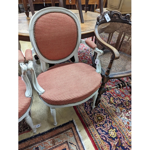 79 - A pair of early 20th century French painted upholstered armchairs, width 59cm, depth 48cm, height 89... 